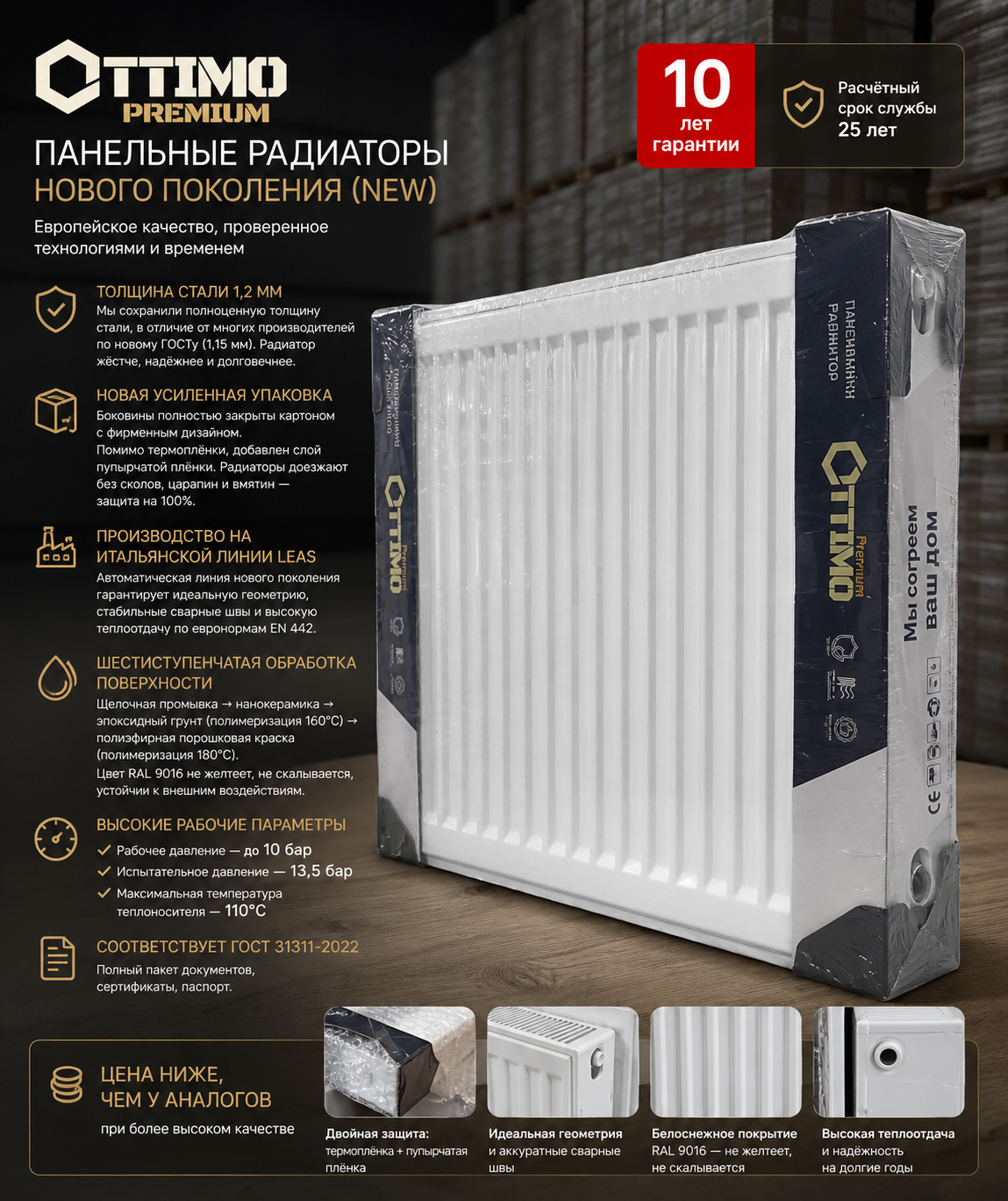 Стальной панельный радиатор OTTIMO Premium 22х500х400 бок. подкл.