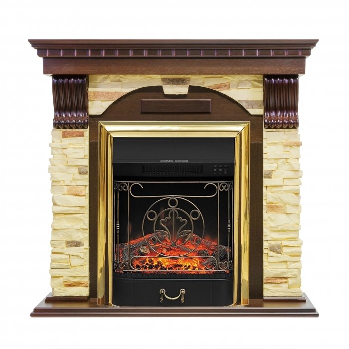 Электрокамин с классическим очагом 2D Royal Flame Dublin арочный сланец с очагом Majestic Black/Brass (Темный дуб)