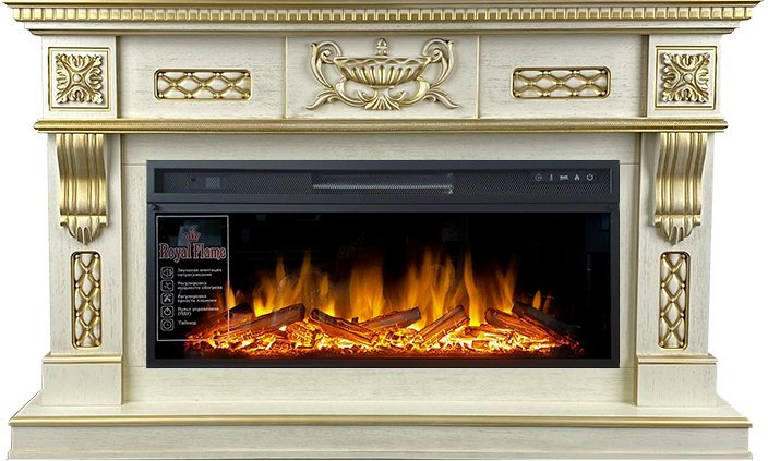 Линейный электрокамин Royal Flame Corsica (cлоновая кость с патиной) с очагом Vision 42 LOG LED
