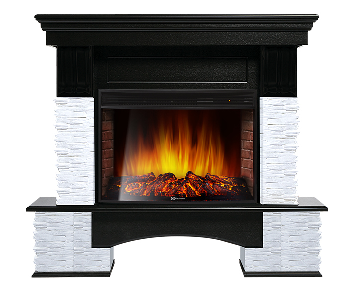 Электрокамин с широким очагом 2D Electrolux EFP/P-3320RLS с порталом Firelight Pietra Nuovo 30 камень сланец белый, шпон темный дуб