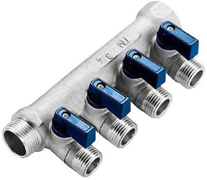 Коллектор распределительный TIEMME 3/ 4"x1/2 на 4 выхода, никель, с наружной резьбой