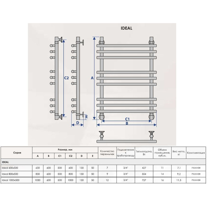 Водяной полотенцесушитель шириной 510 - 600 мм Energy IDEAL 600x500