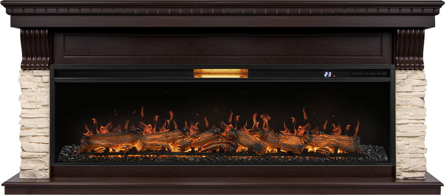 Линейный электрокамин Royal Thermo Aurora RTFP/P-AR60LS с порталом Firelight Michigan 60, камень молочный, шпон темный дуб