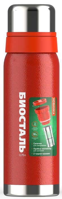 Термос Biostal Охота (0,75 литра), 2 чашки, с ситечком, красный (NBR-750Z-R)