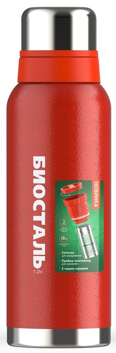 Термос Biostal Охота (1,2 литра), 2 чашки, с ситечком, красный (NBR-1200Z-R)