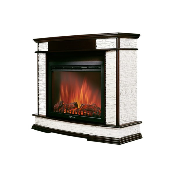 Электрокамин с широким очагом 2D Electrolux EFP/P-3020LS с порталом Firelight Scala 30 камень сланец скалистый белый, шпон тёмный дуб