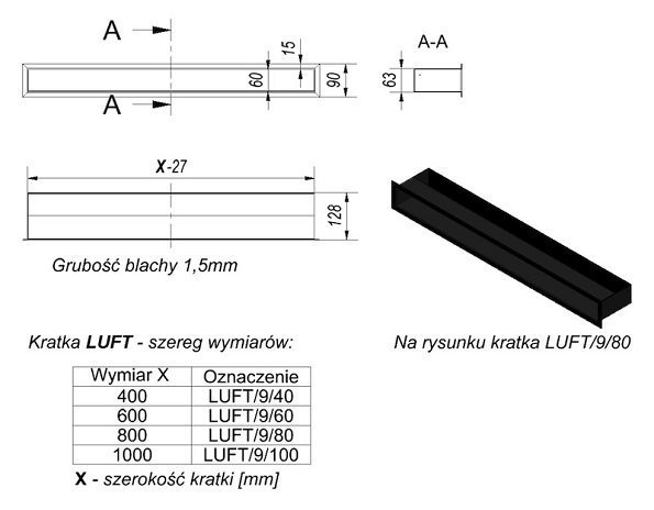 Вентиляционная решетка для камина Kratki Люфт черная 9x100 LUFT9/100/45S/C