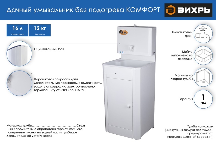 Электрический накопительный водонагреватель Вихрь КОМФОРТ без подогрева/пластиковая мойка/цвет белый
