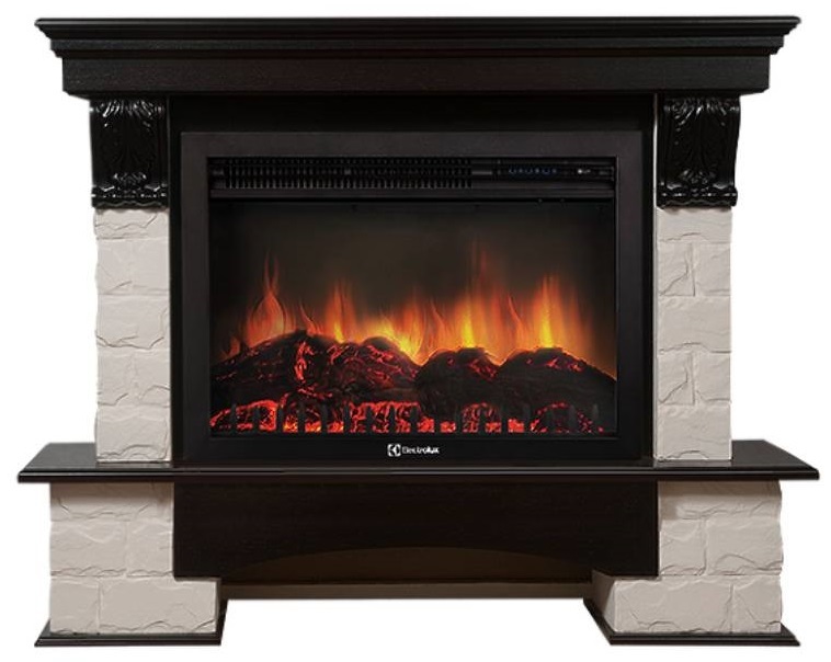 Электрокамин с широким очагом 2D Electrolux EFP/P-3020LS с порталом Firelight Forte 30S камень белый, темный дуб