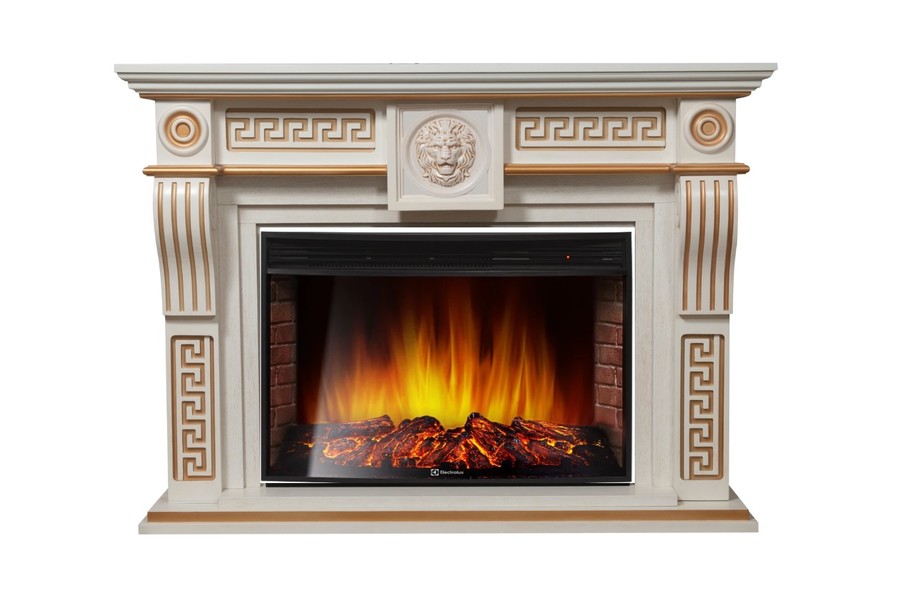 Электрокамин с широким очагом 2D Electrolux EFP/P-3320RLS с порталом Firelight Vittoriano 30 белёный дуб с золотой патиной