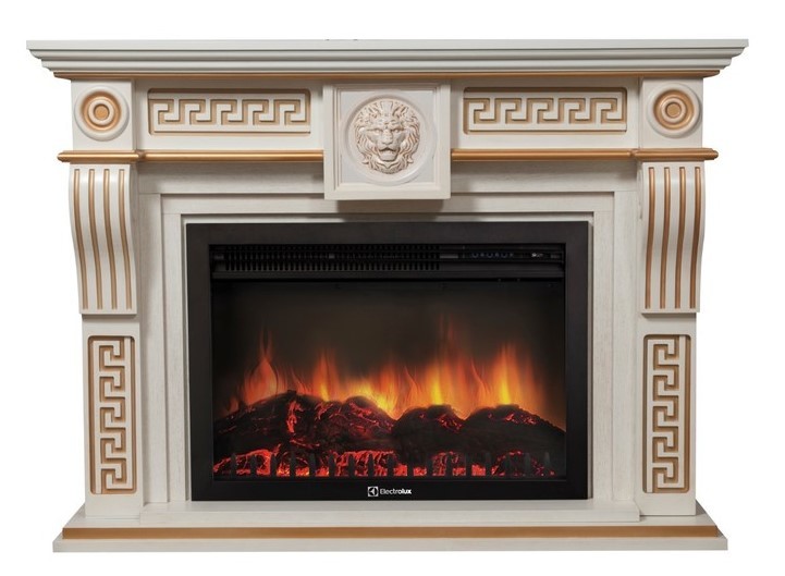 Электрокамин с широким очагом 2D Electrolux EFP/P-3020LS с порталом Firelight Vittoriano 30 белёный дуб с золотой патиной