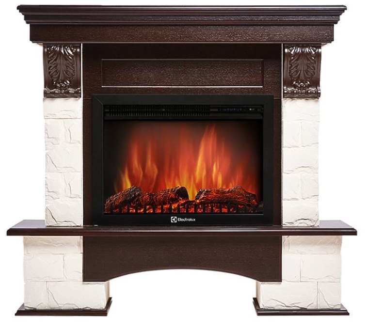 Электрокамин с широким очагом 2D Electrolux EFP/P-2720RLS с порталом Firelight Forte 25S камень белый, темный дуб