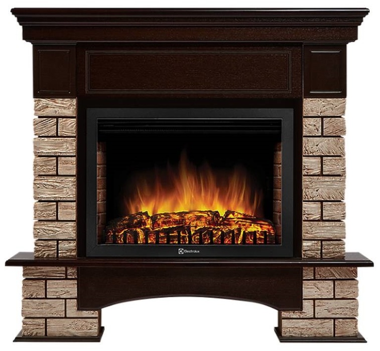 Электрокамин с широким очагом 2D Electrolux EFP/P-2720RLS с порталом Firelight Forte Wood 25 камень коричневый, шпон темный дуб