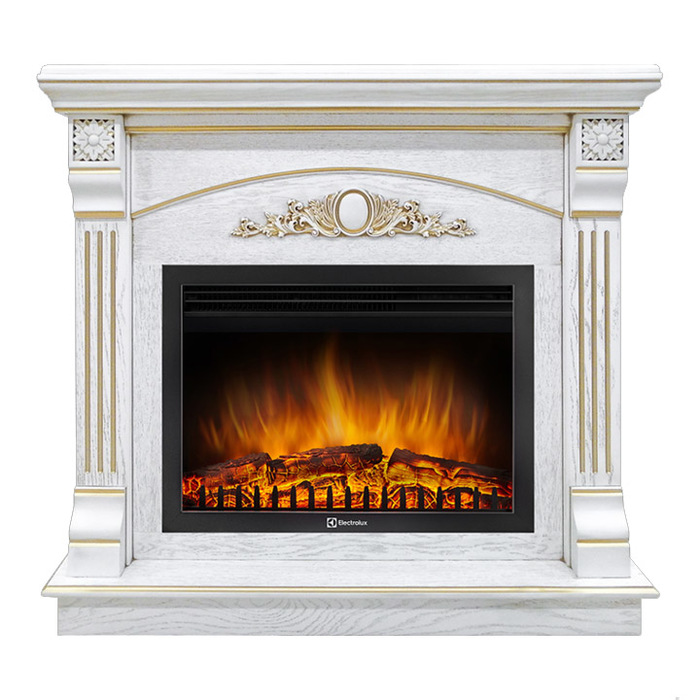 Электрокамин с широким очагом 2D Electrolux EFP/P-2520LS с порталом Firelight Barocco 25 белый дуб с золотой патиной