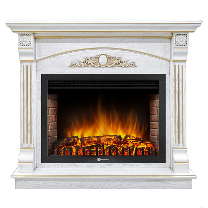 Электрокамин с широким очагом 2D Electrolux EFP/P-3320RLS с порталом Firelight Barocco 30 белый дуб с золотой патиной