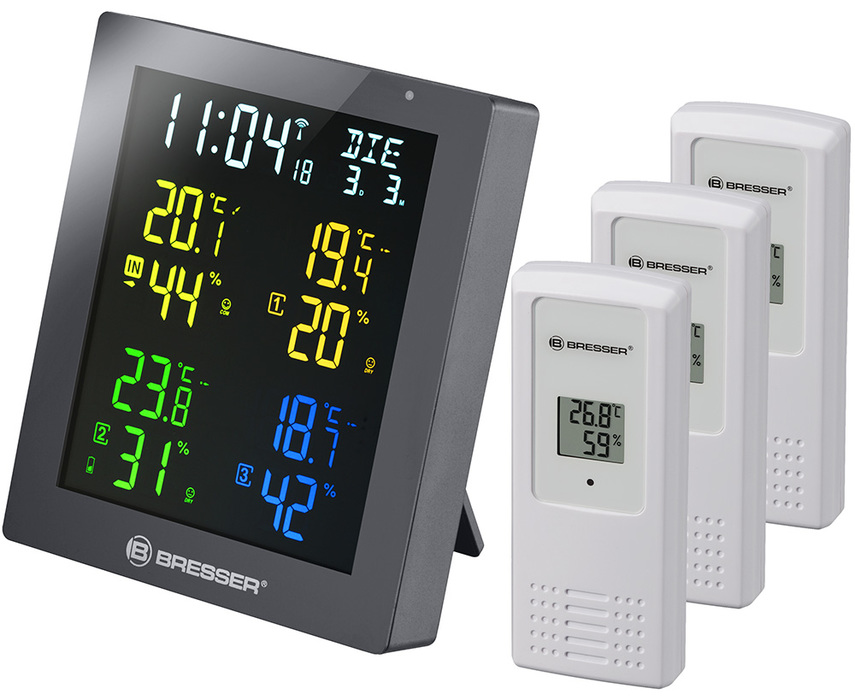 Барометр Bresser ClimaTemp Hygro Quadro с тремя датчиками, серый