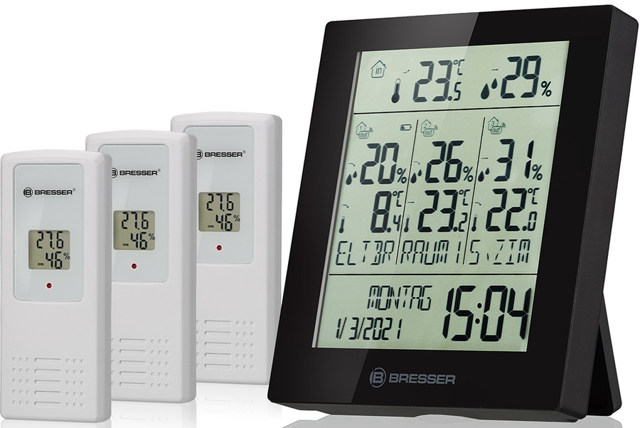 Цифровая метеостанция Bresser Temeo Hygro Quadro Prestige с тремя датчиками, черная (78584)