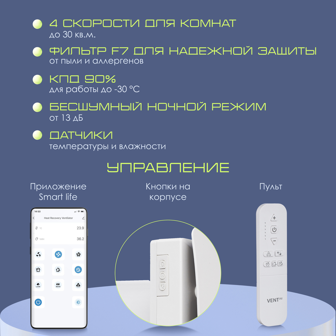 Проветриватель VENTini HRV-60-PLUS (B) скрытое подключение