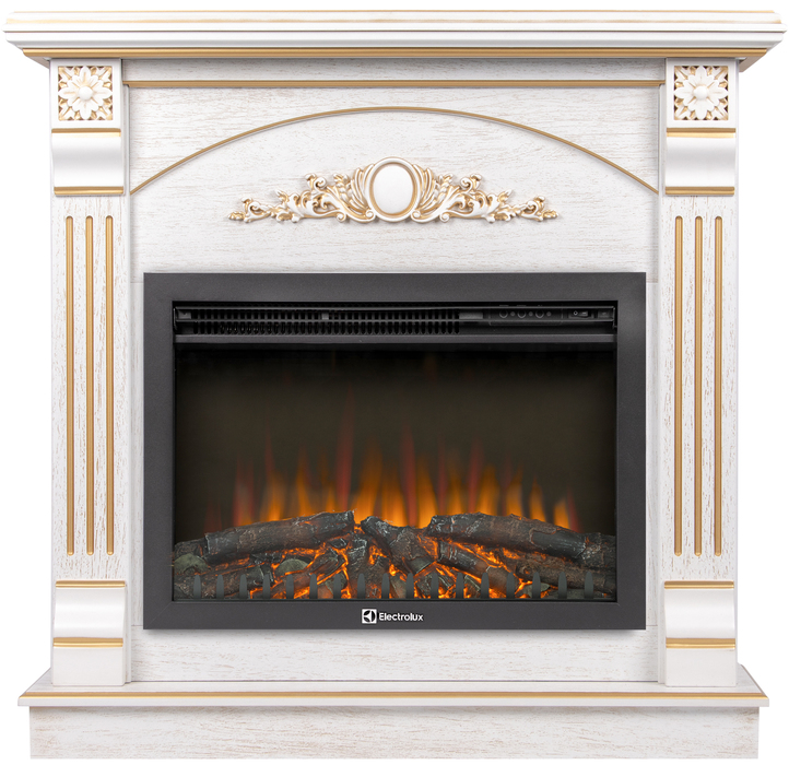 Электрокамин с широким очагом 2D Electrolux EFP/P-2520LS N с порталом Firelight Barocco 25 шпон белый дуб с золотой патиной