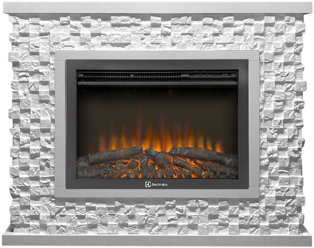 Электрокамин с широким очагом 2D Electrolux EFP/P-2520LS N с порталом Firelight Quadro 25 камень песчаник античный белый, белая эмаль