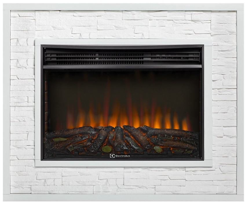 Электрокамин с широким очагом 2D Electrolux EFP/P-3020LS N с порталом Firelight Loft 30 камень белый, белая эмаль