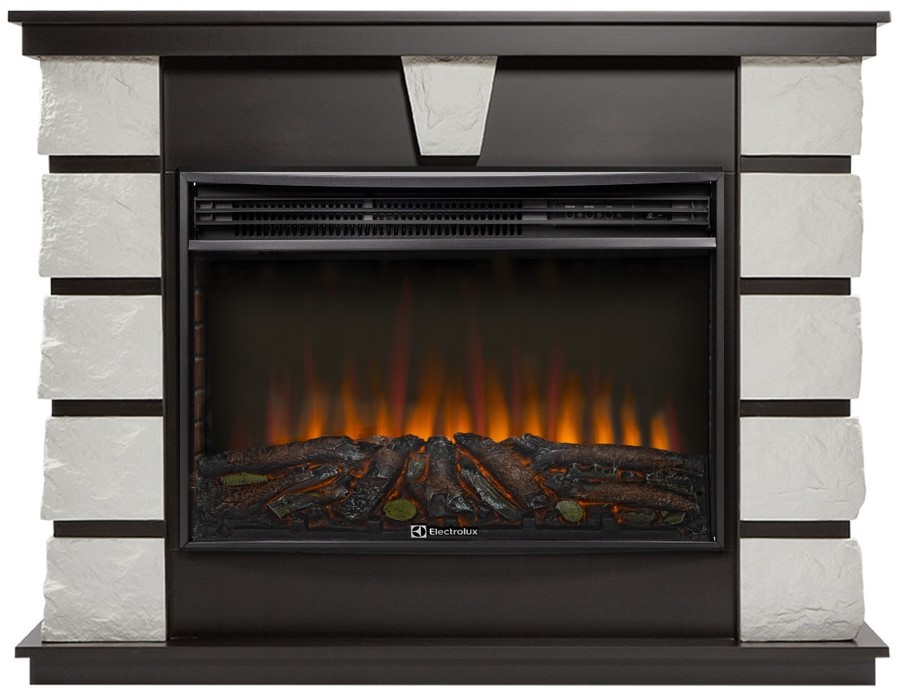 Электрокамин с широким очагом 2D Electrolux EFP/P-3020LS N с порталом Firelight Excalibur 30 камень белый, шпон венге