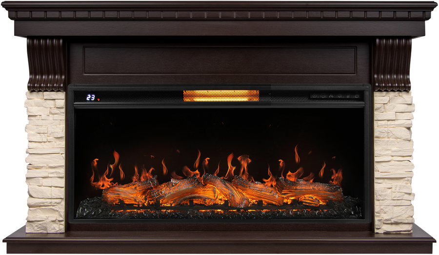 Электрокамин с широким очагом 2D Royal Thermo Aurora RTFP/P-AR40LS с порталом Firelight Michigan 40, камень молочный, шпон темный дуб