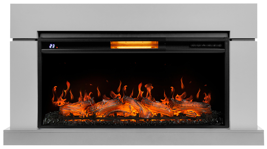 Электрокамин с широким очагом 2D Royal Thermo Aurora RTFP/P-AR40LS с порталом Firelight Lindos 40, светло-серый, р/в