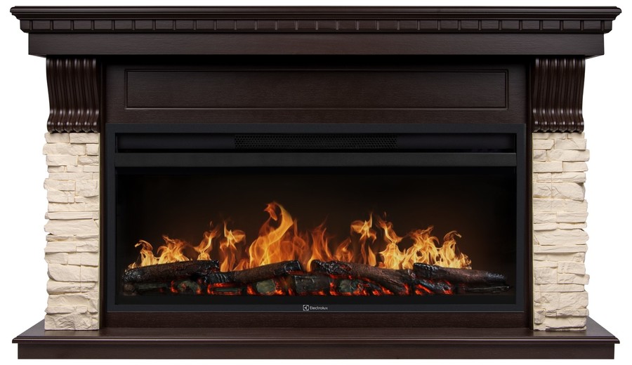 Линейный электрокамин Electrolux EFP/P-4220LS с порталом Firelight Michigan 42, камень молочный, шпон темный дуб