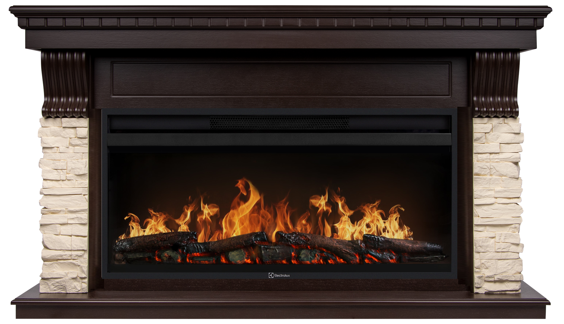 Электрокамин с широким очагом 2D Electrolux EFP/P-3620LS с порталом Firelight Michigan 36, камень молочный, шпон темный дуб